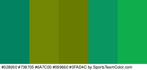 #028260 #738705 #6A7C00 #099660 #0FAD4C Colors