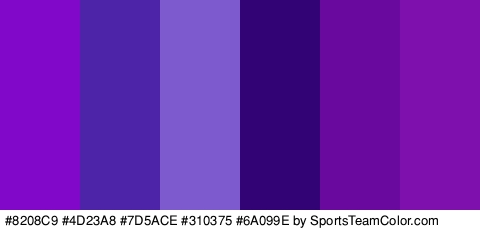 #8208C9 #4D23A8 #7D5ACE #310375 #6A099E #7E11AD Colors