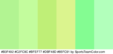 #B3F492 #C2FC9C #BFEF77 #DBF48D #85FC91 #B2FFBC Colors