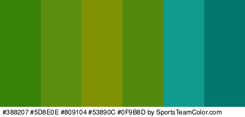 #388207 #5D8E0E #809104 #53890C #0F9B8D #01776D Colors