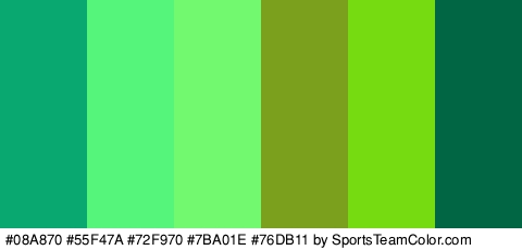 #08A870 #55F47A #72F970 #7BA01E #76DB11 #006643 Colors