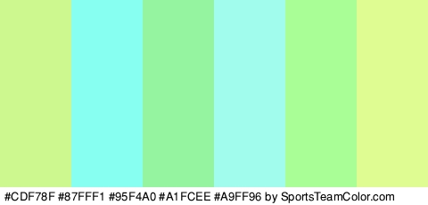 #CDF78F #87FFF1 #95F4A0 #A1FCEE #A9FF96 #DEFC92 Colors