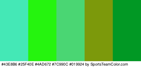 #43E8B6 #25F40E #4AD672 #7C990C #019924 Colors