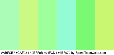 #ABFCB7 #CAF984 #9EFF9B #94FCD4 #7BF972 #CAF771 Colors