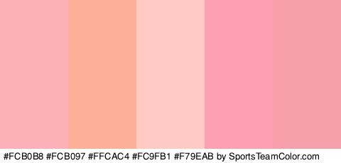 #FCB0B8 #FCB097 #FFCAC4 #FC9FB1 #F79EAB Colors