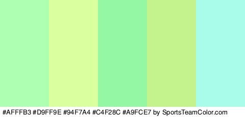 #AFFFB3 #D9FF9E #94F7A4 #C4F28C #A9FCE7 Colors