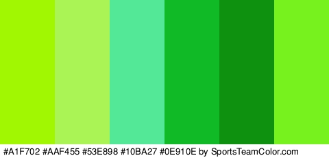 #A1F702 #AAF455 #53E898 #10BA27 #0E910E #77F21F Colors