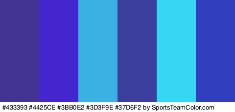 #433393 #4425CE #3BB0E2 #3D3F9E #37D6F2 #313FBF Colors