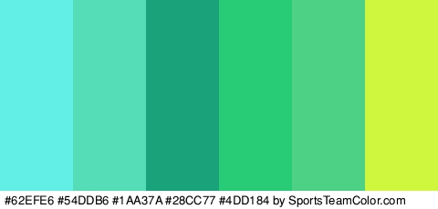 #62EFE6 #54DDB6 #1AA37A #28CC77 #4DD184 #CFF73D Colors