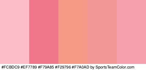 #FCBDC9 #EF7789 #F79A85 #F29796 #F7A0AD Colors