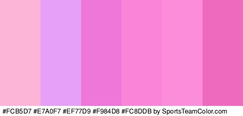 #FCB5D7 #E7A0F7 #EF77D9 #F984D8 #FC8DDB #ED6ABF Colors