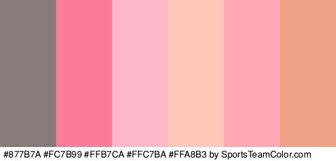 #877B7A #FC7B99 #FFB7CA #FFC7BA #FFA8B3 #EFA283 Colors