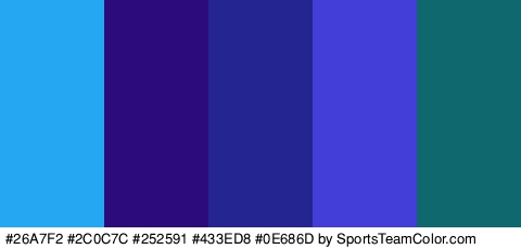 #26A7F2 #2C0C7C #252591 #433ED8 #0E686D Colors