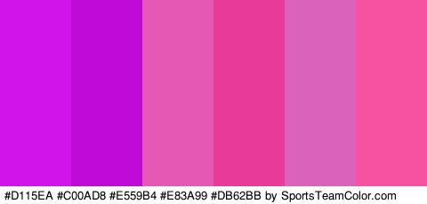 #D115EA #C00AD8 #E559B4 #E83A99 #DB62BB #F751A1 Colors