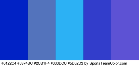 #0122C4 #5374BC #2CB1F4 #333DCC #5D52D3 Colors