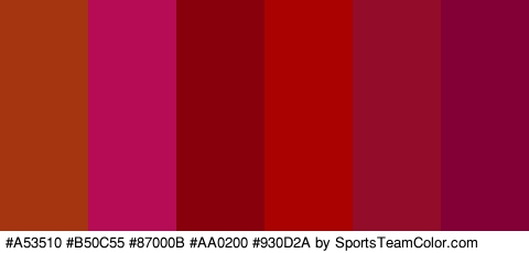 #A53510 #B50C55 #87000B #AA0200 #930D2A #820036 Colors