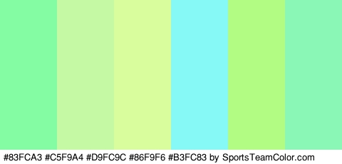 #83FCA3 #C5F9A4 #D9FC9C #86F9F6 #B3FC83 #8AF7B7 Colors