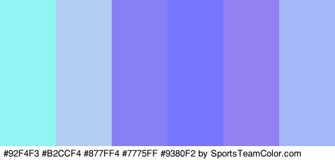 #92F4F3 #B2CCF4 #877FF4 #7775FF #9380F2 #A4B8F9 Colors