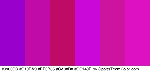 #9900CC #C10BA9 #BF0B65 #CA08D8 #CC149E #DD11C2 Colors