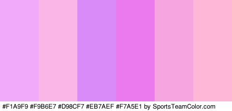 #F1A9F9 #F9B6E7 #D98CF7 #EB7AEF #F7A5E1 #FFB7D7 Colors