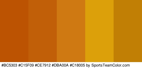 #BC5303 #C15F09 #CE7912 #DBA00A #C18005 Colors