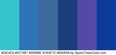 #32C4C9 #2C74B7 #3D699E #1A3E7C #534AA8 #0D3A9B Colors