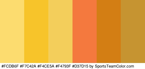 #FCDB6F #F7C42A #F4CE5A #F4793F #D37D15 #C69531 Colors