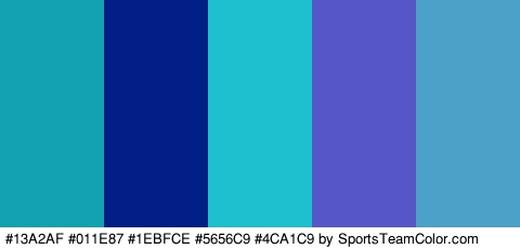 #13A2AF #011E87 #1EBFCE #5656C9 #4CA1C9 Colors