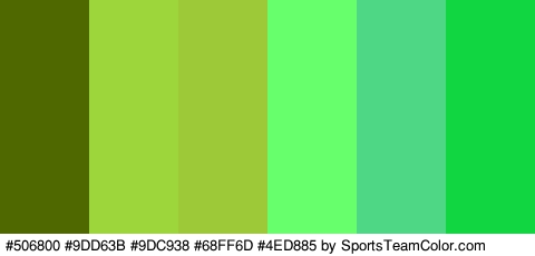 #506800 #9DD63B #9DC938 #68FF6D #4ED885 #11D642 Colors