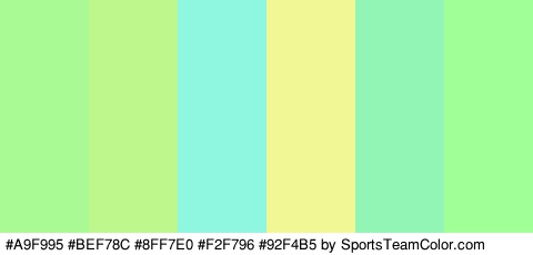 #A9F995 #BEF78C #8FF7E0 #F2F796 #92F4B5 #A0FF96 Colors