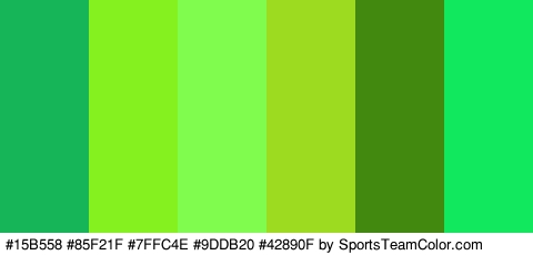 #15B558 #85F21F #7FFC4E #9DDB20 #42890F #12E85D Colors