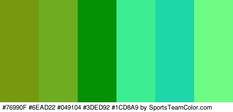 #76990F #6EAD22 #049104 #3DED92 #1CD8A9 #6FFC84 Colors