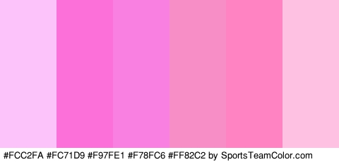 #FCC2FA #FC71D9 #F97FE1 #F78FC6 #FF82C2 #FFC1E1 Colors