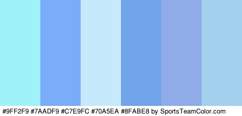 #9FF2F9 #7AADF9 #C7E9FC #70A5EA #8FABE8 #A3D0ED Colors