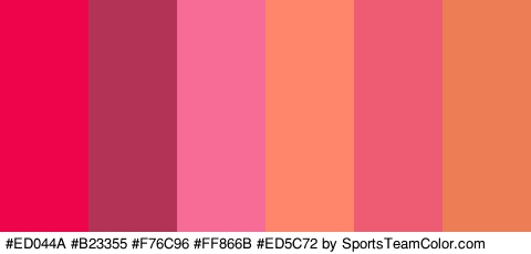 #ED044A #B23355 #F76C96 #FF866B #ED5C72 #ED7D55 Colors