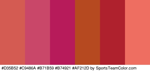 #D35B52 #C9486A #B71B59 #B74921 #AF212D #EF6E62 Colors