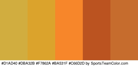 #D1AD40 #DBA32B #F7862A #BA531F #C66D2D Colors