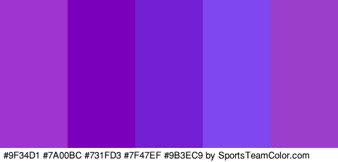 #9F34D1 #7A00BC #731FD3 #7F47EF #9B3EC9 Colors