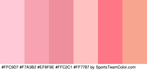 #FFC9D7 #F7A3B2 #EF8F9E #FFC2C1 #FF7787 #F7A58F Colors