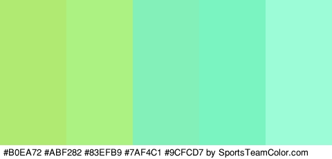 #B0EA72 #ABF282 #83EFB9 #7AF4C1 #9CFCD7 Colors