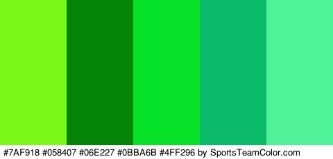 #7AF918 #058407 #06E227 #0BBA6B #4FF296 Colors