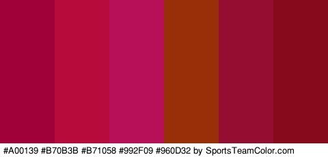 #A00139 #B70B3B #B71058 #992F09 #960D32 #87091C Colors