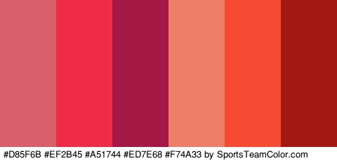 #D85F6B #EF2B45 #A51744 #ED7E68 #F74A33 #A31813 Colors