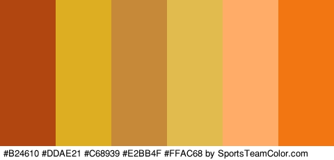 #B24610 #DDAE21 #C68939 #E2BB4F #FFAC68 #F27713 Colors