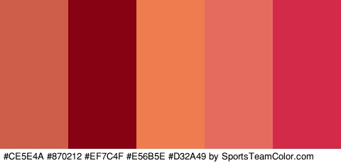 #CE5E4A #870212 #EF7C4F #E56B5E #D32A49 Colors