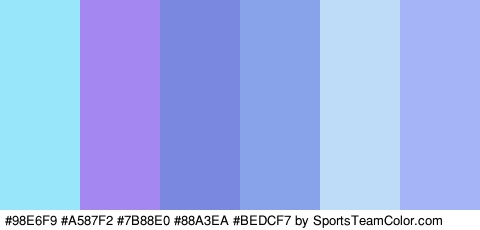 #98E6F9 #A587F2 #7B88E0 #88A3EA #BEDCF7 #A5B3F7 Colors