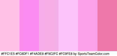 #FFC1E5 #FC8DF1 #F4ADE8 #F9C2FC #FC9FE8 #ED76A9 Colors