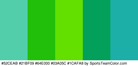 #52CEAB #21BF09 #64E000 #03A05C #1CAFA8 Colors