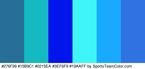 #276F99 #15B9C1 #0215EA #3EF6F9 #19AAFF #3172E2 Colors