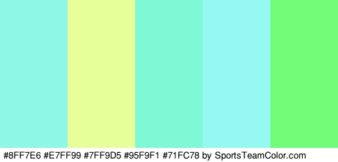 #8FF7E6 #E7FF99 #7FF9D5 #95F9F1 #71FC78 Colors